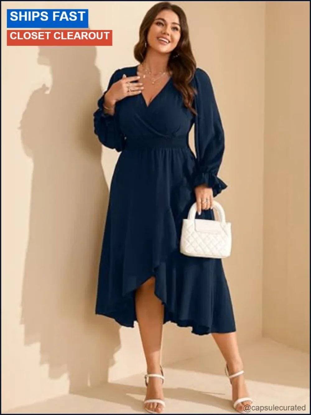 Plus Size Wedding Guest Maxi Dress V Neck High Low Cocktail Long Sleeve